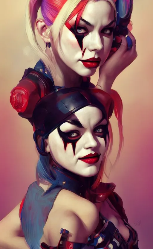 Prompt: Harley Quinn, highly detailed, digital painting, artstation, standing, facing camera, concept art, smooth, sharp focus, illustration, art by artgerm and alphonse mucha, high definition digital art, dramatic lighting, in the style of ilya kuvshinov and Ross tran
