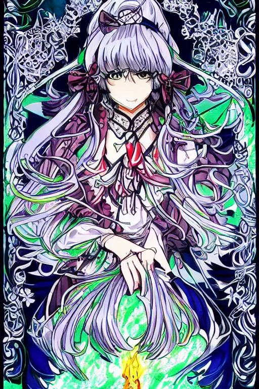 Image similar to marisa kirisame, touhou project, official artwork, intricate, amazing line work, colorful, tarot cards, the devil tarot card