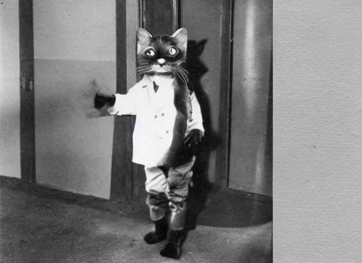 Prompt: old photograph of an anthropomorphic cat wearing a lab coat