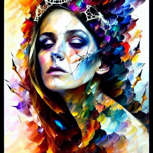 Image similar to strikingly beautiful queen of bones, casting spells, realism, elegant, intricate, particles, portrait photography by leonid afremov and carne griffiths