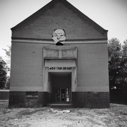 Image similar to scary old lady without eyes an abandoned school, security camera, black and white, real