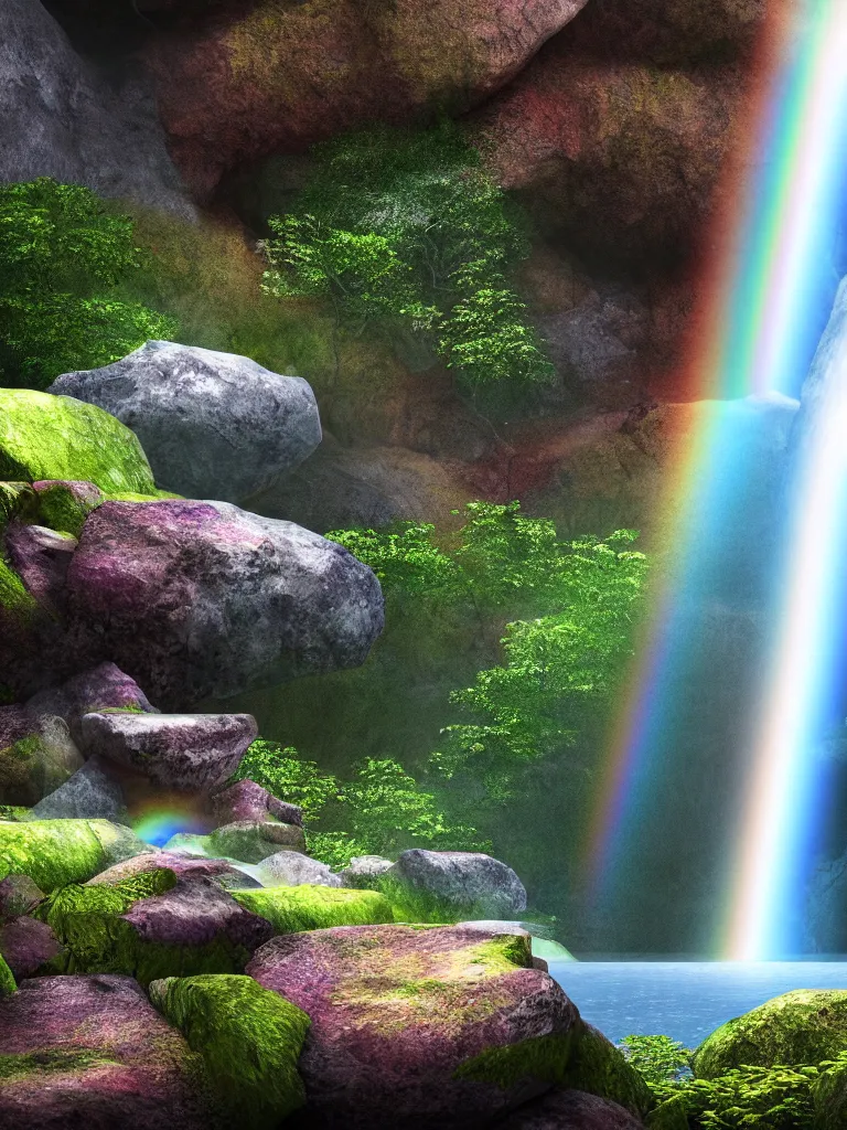 Prompt: digital illustration of waterfall cascading onto rocks, small rainbow emerging in background, ethereal, beautiful scenery, intricately meticulously detailed, amazing, glitter, 8 k render octane high definition