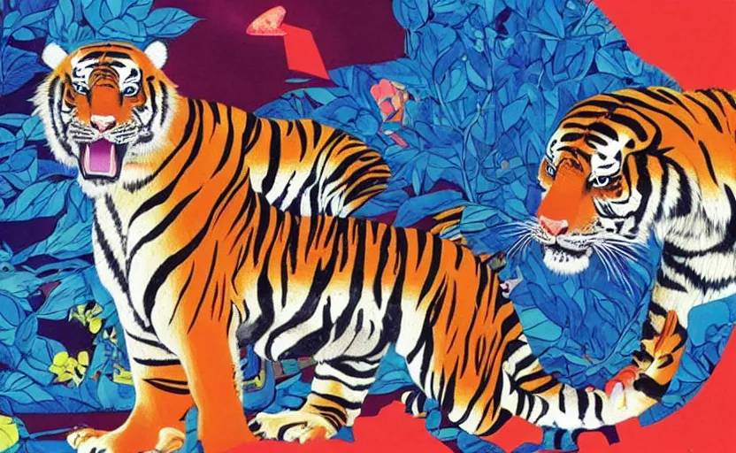 Image similar to a delorean and a tiger, colourful magazine collage, art by hsiao - ron cheng and utagawa kunisada, # e 5 3 7 1 b, # e 4 e 6 2 0, # de 9 5 f 0,