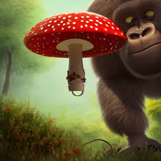 Image similar to a wholesome animation key shot of a small gorilla holding a amanita muscaria, chilled out smirk on face, listening to music, jeep in background, studio ghibli, pixar and disney animation, sharp, rendered in unreal engine 5, anime key art by greg rutkowski, bloom, dramatic lighting