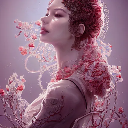 Image similar to the professional photoshoot of an absurdly beautiful, graceful, elegant, sophisticated, fashionable young woman made of strawberries and white petals, an ultrafine hyperdetailed illustration by kim jung gi, irakli nadar, intricate linework, bright colors, octopath traveler, final fantasy, unreal engine 5 highly rendered, global illumination, radiant light, detailed and intricate environment