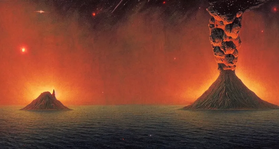 Prompt: castle built into a volcano island with ocean in the distance, underneath a star filled night sky, harold newton, zdzislaw beksinski, donato giancola, warm coloured, gigantic pillars and flowers, maschinen krieger, beeple, star trek, star wars, ilm, atmospheric perspective