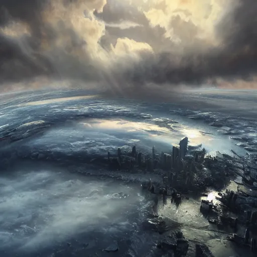 Prompt: world covered with enormous clouds, slightly visible ice covered world, matte painting, concept art, illustration highly detailed artwork cinematic hyper realistic