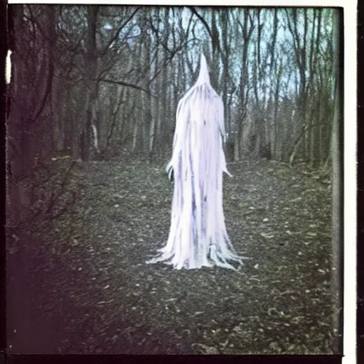 Image similar to polaroid picture of The Babadook standing in the woods, creepy, dark scary