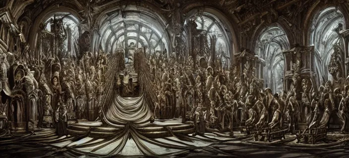 Image similar to photo of the site of a sacred blasphemous mind-bending ritual, style of Peter Gric, lavish rococo baroque setting, fashion-photography, unholy ceremony, sacrilegious rite, evil, menacing, ominous, threatening, sinister, malevolent. Highly-detailed, photographic, cinematic, dramatic, establishing shot