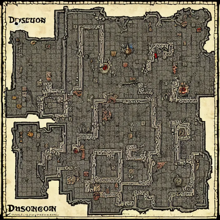 Prompt: dungeon map by dysonlogos, nine rooms, map of osr dungeon, 1 0 foot, map of tomb of horror, high resolution,