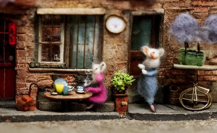 Prompt: miniature cafe diorama macro photography, cafe with felted mice, alleyway, ambient, atmospheric, british, bokeh, romantic