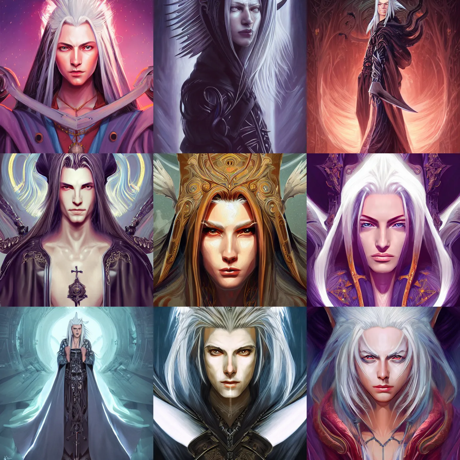 Prompt: head-on centered symmetrical painted portrait, Sephiroth as an androgynous Mage, intricate fantasy robes, fantasy, intricate, elegant, highly detailed, digital painting, smooth, sharp focus, illustration, dramatic lighting, artstation, in the style of Artgerm and Anna Podedworna and Alex Ross