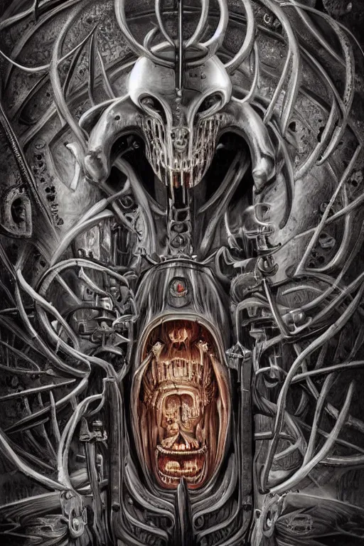 Image similar to Moloch, whose mind is pure machinery, eerie, sinister, horror, illustrated by Anne Stokes and H R Giger and Adrian Borda, super detailed, 4k, 8k