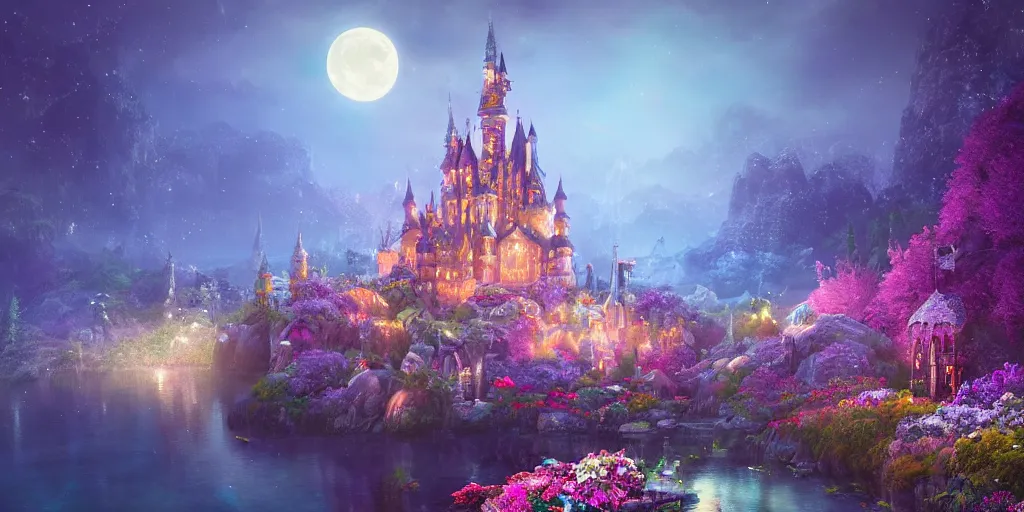 Image similar to a single glittering fairy castle at night, a full moon, water and colourful flowers, extremely detailed oil painting, unreal 5 render, fantasy digital art, octane render, beautiful composition, trending on artstation, award-winning photograph, masterpiece