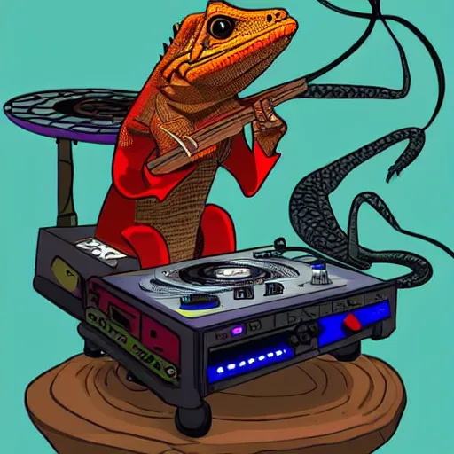 Image similar to a lizard dj, digital art, artstation, playing records