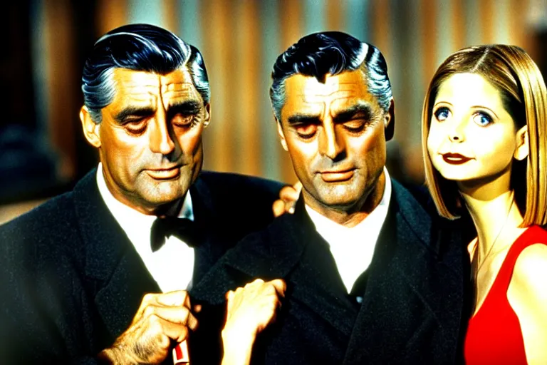 Image similar to cary grant as giles in buffy the vampire slayer, along side sarah michelle gellar 1 9 9 8