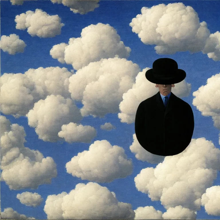 Image similar to portrait of a death, clouds in the background, by rene magritte, detailed painting, distance, middle centered, hd, hq, high resolution, high detail, 4 k, 8 k