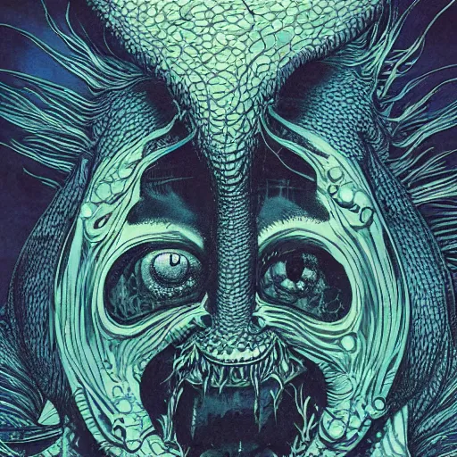 Image similar to portrait of innsmouth dweller, symmetrical, by yoichi hatakenaka, masamune shirow, josan gonzales and dan mumford, ayami kojima, takato yamamoto, barclay shaw, karol bak, yukito kishiro