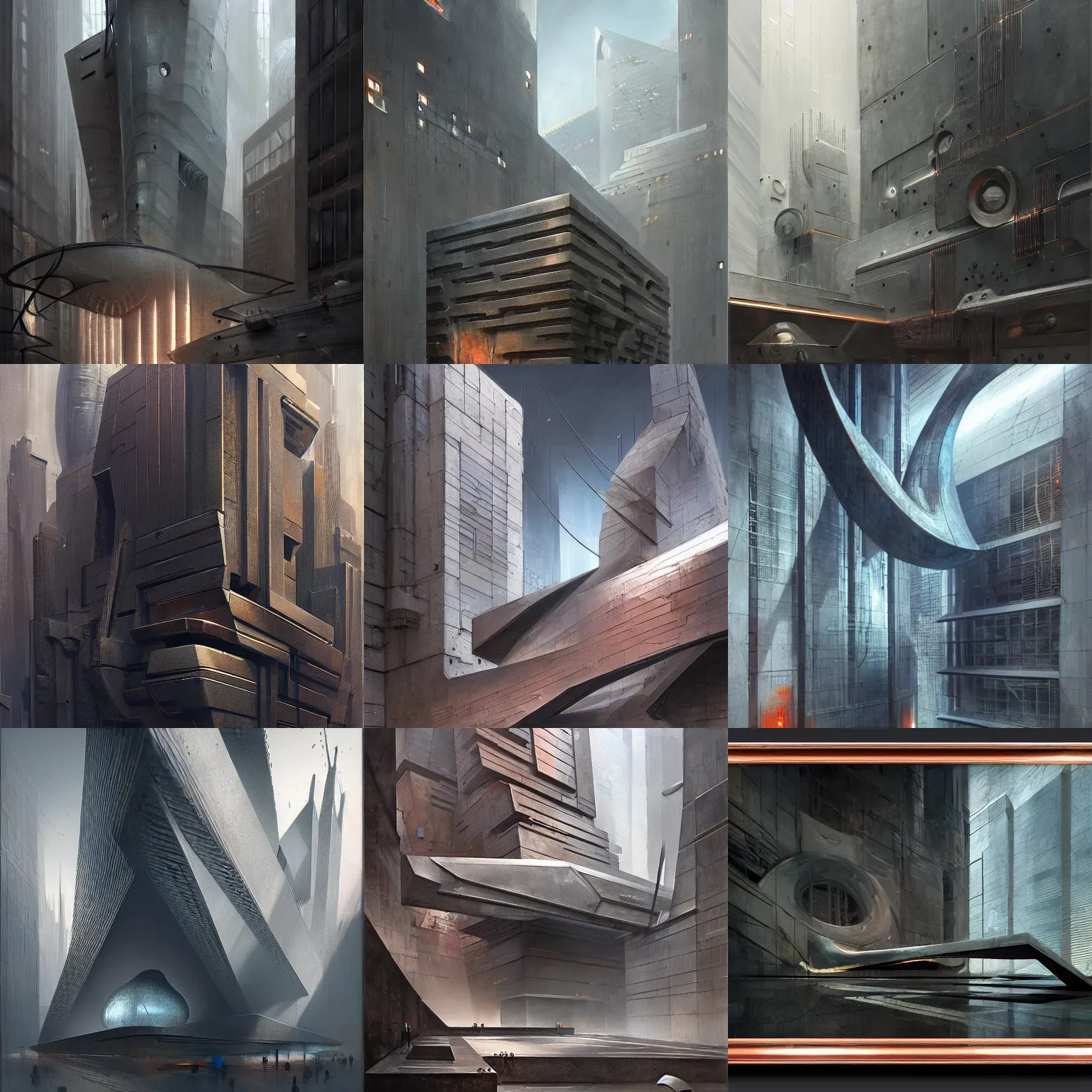 Prompt: futuristic moma museum nyc, abstract shapes, concrete steel glass, copper details, high contrast, muted colors, concept art, greg rutkowski and h r giger