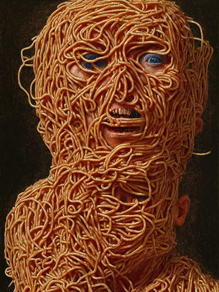 Image similar to a boy made of spaghetti, looking into camera, screaming in pain, by giuseppe arcimboldo and ambrosius benson, renaissance, intricate and intense oil paint, a touch of beksinski and hr giger and edward munch, realistic