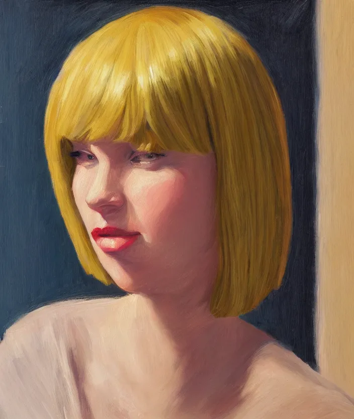 Image similar to a closeup portrait of woman with a blonde bob with bangs, in the style of edward hopper, very fine brush strokes, 4 k,