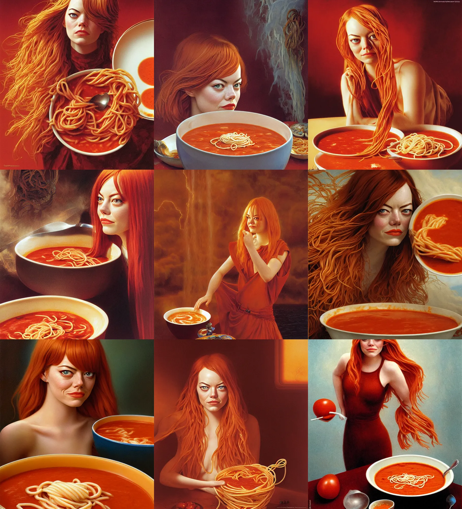 Prompt: emma stone with spaghetti pasta hair rising from a bowl of tomato soup, epic composition, 2 0 0 mm focal length, donato giancola, tim hildebrandt, wayne barlow, bruce pennington, larry elmore