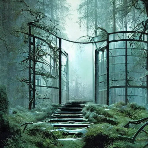 Image similar to stairs leading to a frozen derelict portal in a middle of a snowy lush futuristic forest, green lush world seen only through a portal, daylight, cinematic lighting, blue sky, syd mead, john harris