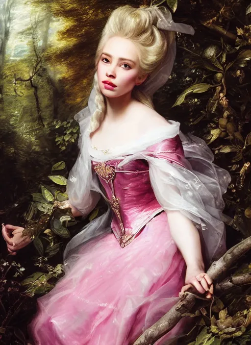 Image similar to Beautiful elsa, Looks like pink ranger, In the woods, Dramatic, Edge, Good, Infused, Backlight, De-Noise, VFX, insanely detailed and intricate, hypermaximalist, elegant, ornate, hyper realistic, super detailed, by Anthony Van Dyck, by Ivan Shishkin, by John Constable