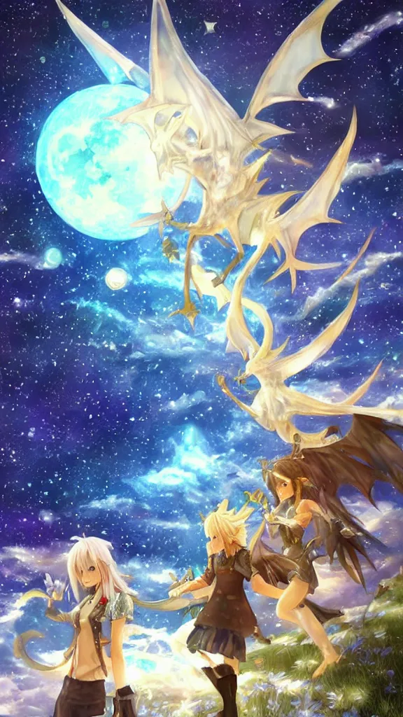 Prompt: A video game poster of Starry Sky, impressionism summer dragon full moon shiny, in final fantasy 14 style
