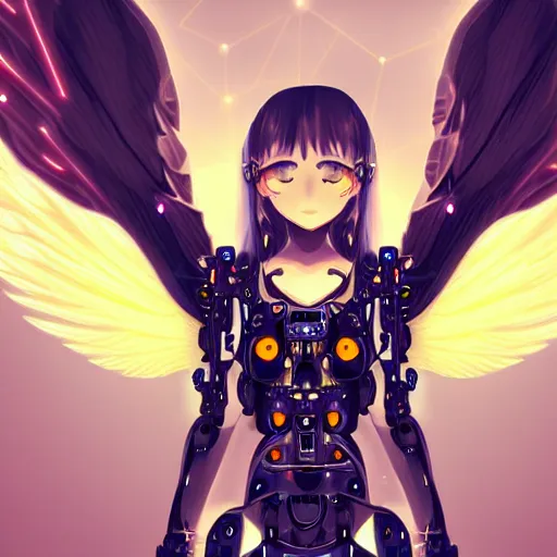 Image similar to cute small cyborg - angel girl with large angelic wings, left eye gold and right eye silver, biomechanical details, wearing epic bionic cyborg implants, digital cyberpunk - anime art, full body shot