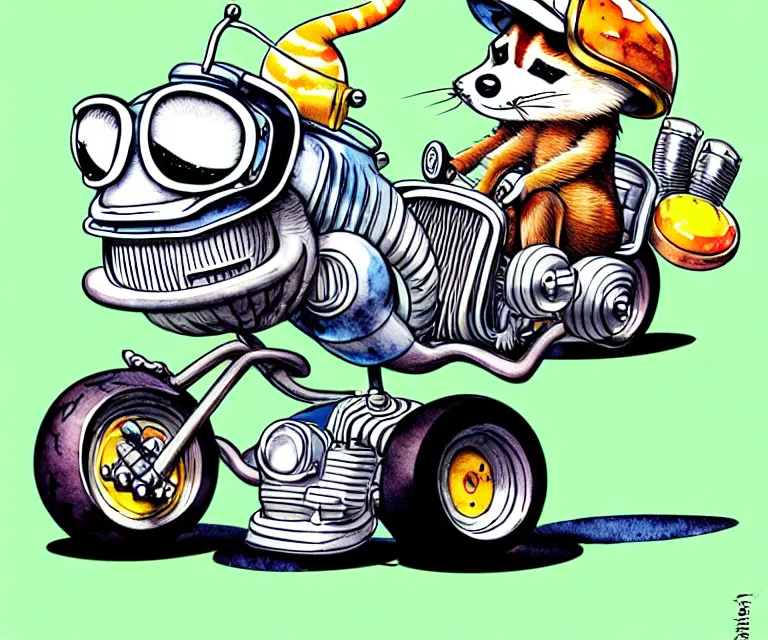 Image similar to cute and funny, racoon wearing a helmet riding in a tiny hot rod with oversized engine, ratfink style by ed roth, centered award winning watercolor pen illustration, isometric illustration by chihiro iwasaki, edited by range murata