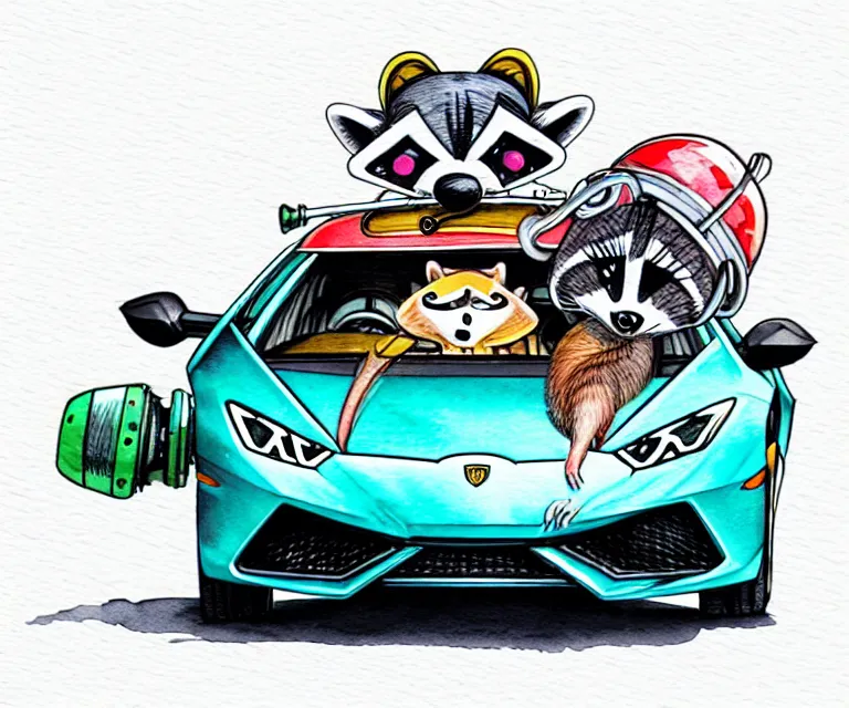 Image similar to cute and funny, racoon wearing a helmet riding in a tiny 2 0 2 0 lamborghini huracan sto, ratfink style by ed roth, centered award winning watercolor pen illustration, isometric illustration by chihiro iwasaki, edited by range murata