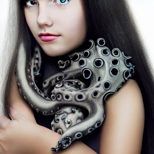 Image similar to A girl with a gray octopus for hair, very young and beautiful face, silver eyes, HD, hyper realistic