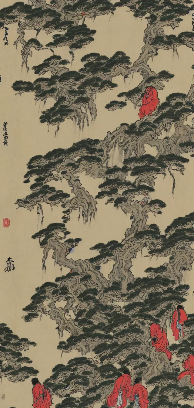 Prompt: taoist monks and temples in huangshan, artwork by hokusai and hiroshige, painted on old parchment