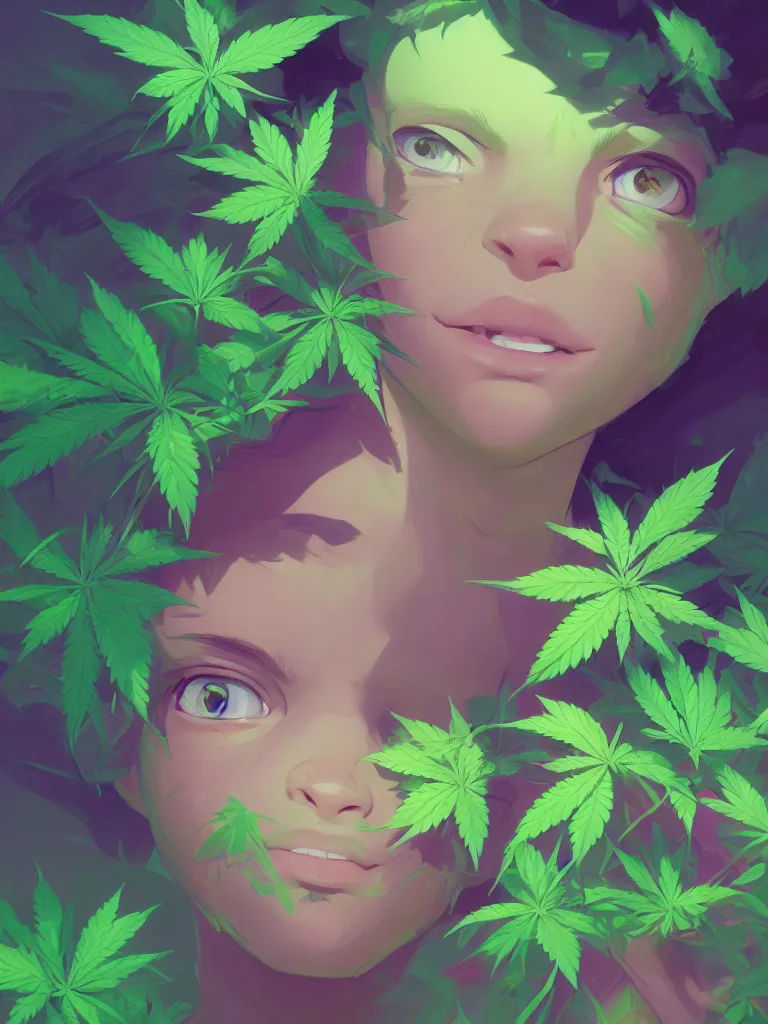 Image similar to kid with green purple flowers of marijuana hemp cannabis, behance hd by jesper ejsing, by rhads, makoto shinkai and lois van baarle, ilya kuvshinov, rossdraws global illumination, golden ratio, symmetrical beauty face