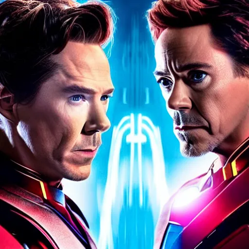 Prompt: benedict cumberbatch and robert downey jr fight eye lasers against each other. cumberbatch supervillain, robert downey superhero, marvel poster
