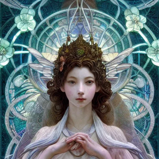 Image similar to aerith gainsborough, intricate, elegant, hyper detailed, finely detailed beautiful angelic symmetry face delicate, smooth, sharp focus, award - winning, masterpiece, in bloom greenhouse, shining light came in through the window, style of tom bagshaw, cedric peyravernay, peter mohrbacher, louis comfort tiffany, victo ngai, 4 k hd illustrative wallpaper