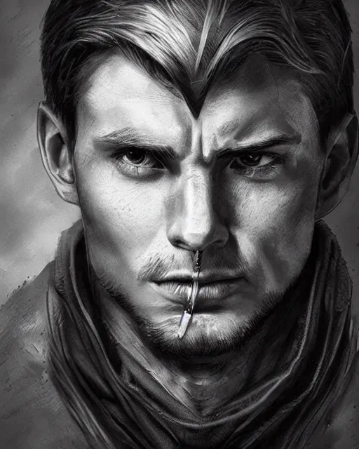 Image similar to portrait of steve rogers, realistic face, black and white drawing, in the style of greg rutkowski, fantasy, amazing detail, epic, intricate, elegant, smooth, sharp focus