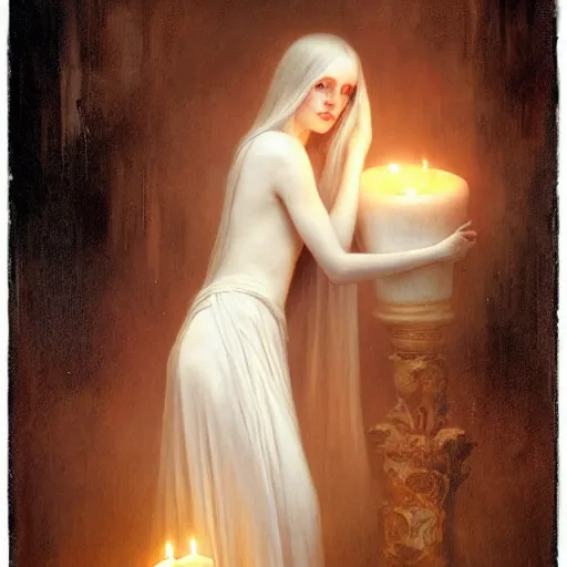 Prompt: pale young ghost girl, by tom bagshaw, by gaston bussiere, candlelight