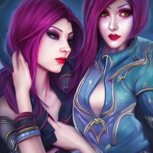 Image similar to league of legends, xayah and kai'sa, best friends, photorealism, portrait, cute, pretty