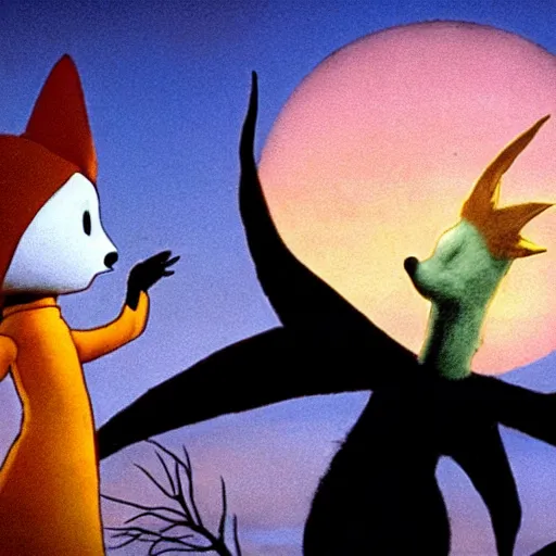 Image similar to the little prince talking to the fox, the nightmare before christmas art style, movie shot