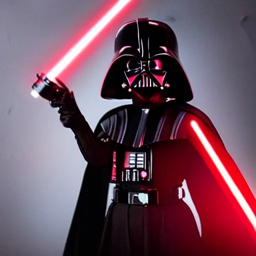 Image similar to Ariana Grande as Darth Vader, studio lighting, cinematic, red lightsaber, glowing, cute