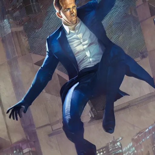 Image similar to ryan reynolds as spider - man, wearing a black and blue suit, cinematic, volumetric lighting, f 8 aperture, cinematic eastman 5 3 8 4 film, photorealistic by greg rutkowski, by stanley artgerm, by alphonse mucha