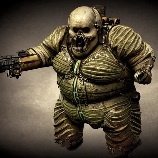 Image similar to highly detailed steampunk morbid obese undead heavy soldier with heavy machine guns, pipes connected to the head, madmax, intricate, rusty, green radioactive glow, toxic waste, 3D render