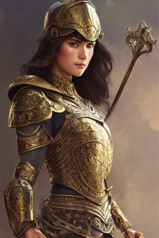 Image similar to attractive young female wielding an ancient sword, ornate metallic helmet, battle armor, olive skin, long dark hair, beautiful bone structure, intricate, elegant, highly detailed, digital painting, artstation, concept art, smooth, sharp focus, illustration, art by artgerm and greg rutkowski and alphonse mucha