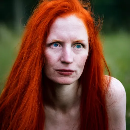 Prompt: A red haired woman intensely staring at the camera in the style of Annie Leibovitz