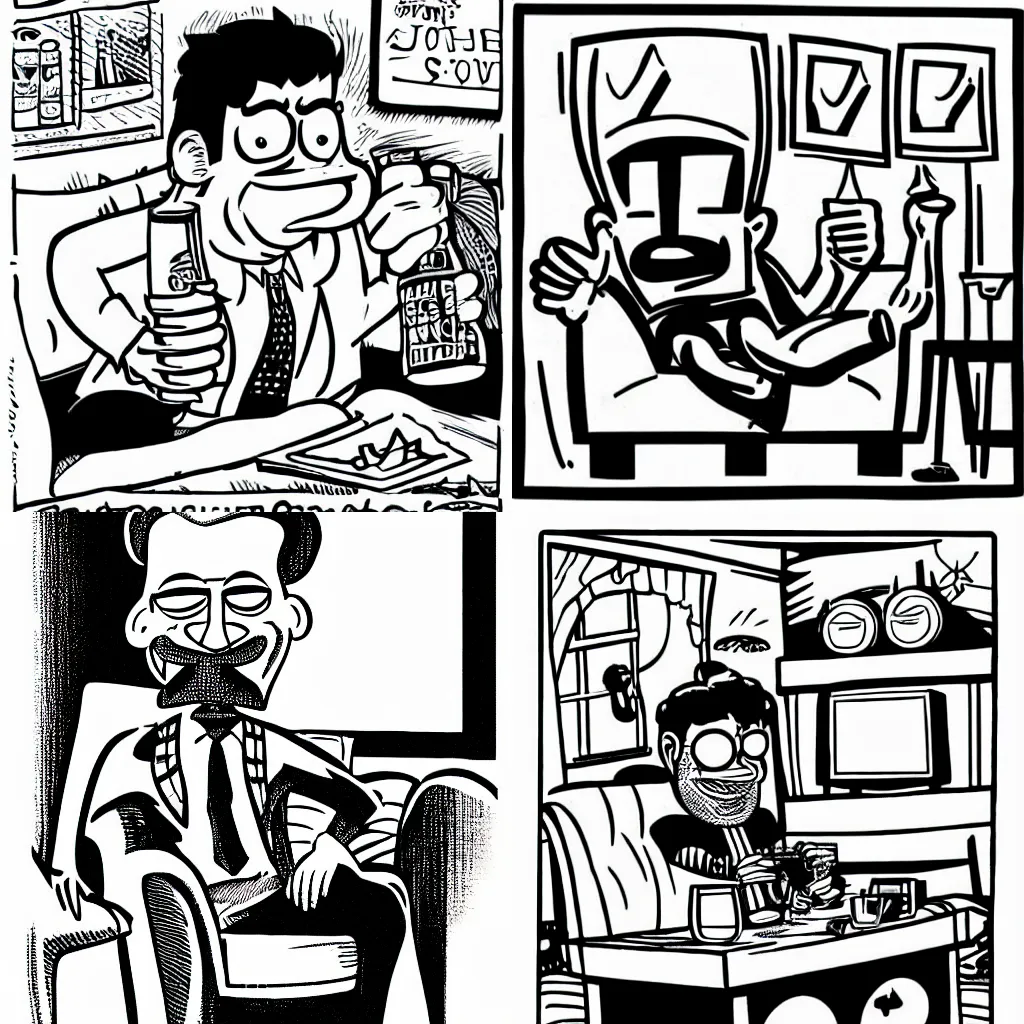 Prompt: a guy sitting on the sofa drinking many beers Peter Bagge, ink artwork, b&w