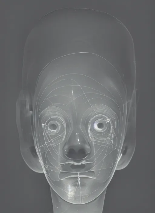 Image similar to realistic object photo of a face made pure transparent plastic white, bokeh, grain, man ray, x - ray, electronic microscope, front view, symmetric 1 9 9 0, life magazine photo