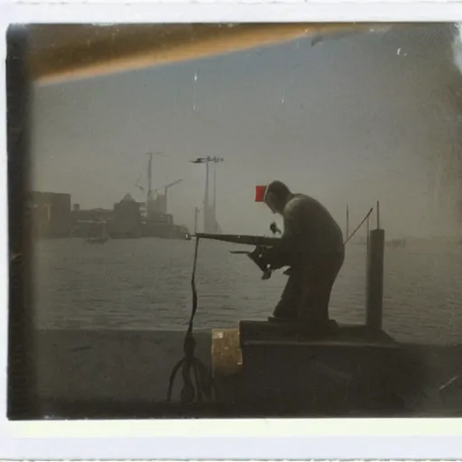 Image similar to a polaroid of a person welding in the harbour of Rotterdam