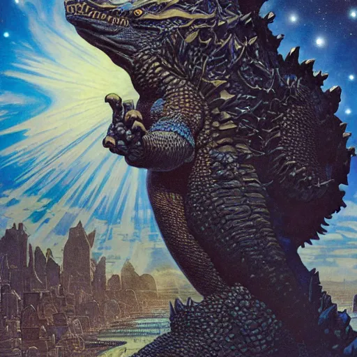 Image similar to portrait of godzilla made with porcelain by Jeff Easley and Peter Elson + beautiful eyes, beautiful face + symmetry face + border and embellishments inspiried by alphonse mucha, fractals in the background, galaxy + baroque, gothic, surreal + highly detailed, intricate complexity, epic composition, magical atmosphere + masterpiece, award winning + trending on artstation